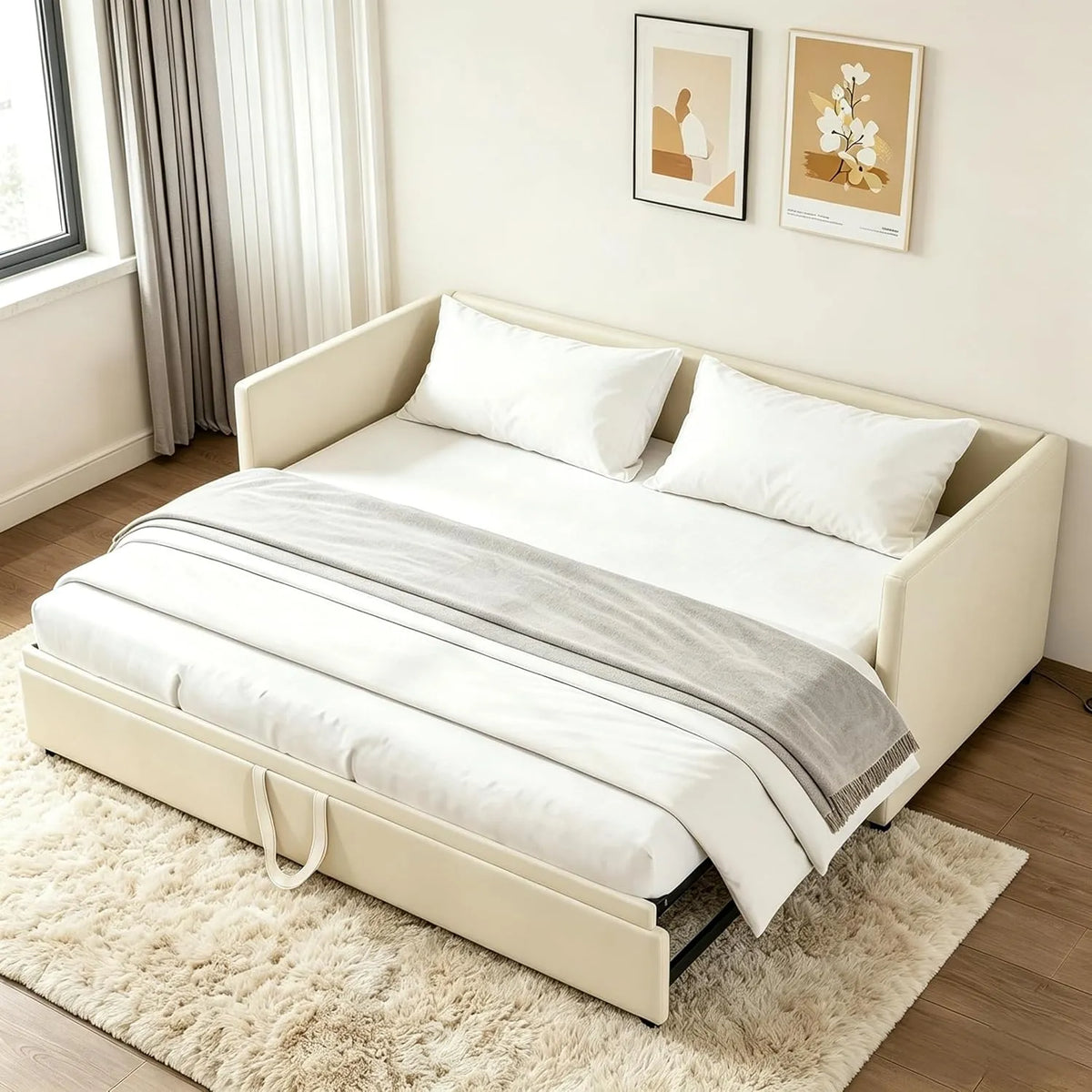 Polsterbett und gepolstertes Bettgestell — Ausziehbar Für, mit Rückenlehne, mit Samtbezug, mit Lattenrost, 180 × 200cm, beige, mit Stoffbezug