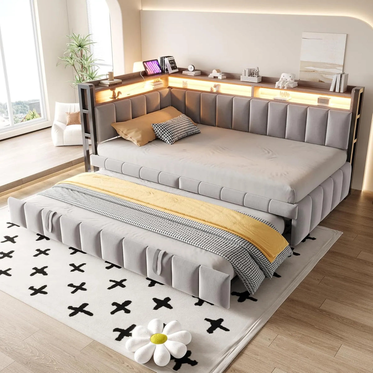 Polsterbett und gepolstertes Bettgestell: mit USB-Anschluss, mit Samtbezug, mit Lattenrost, LED-Anzeige, 90 × 200, grau, mit Stoffbezug