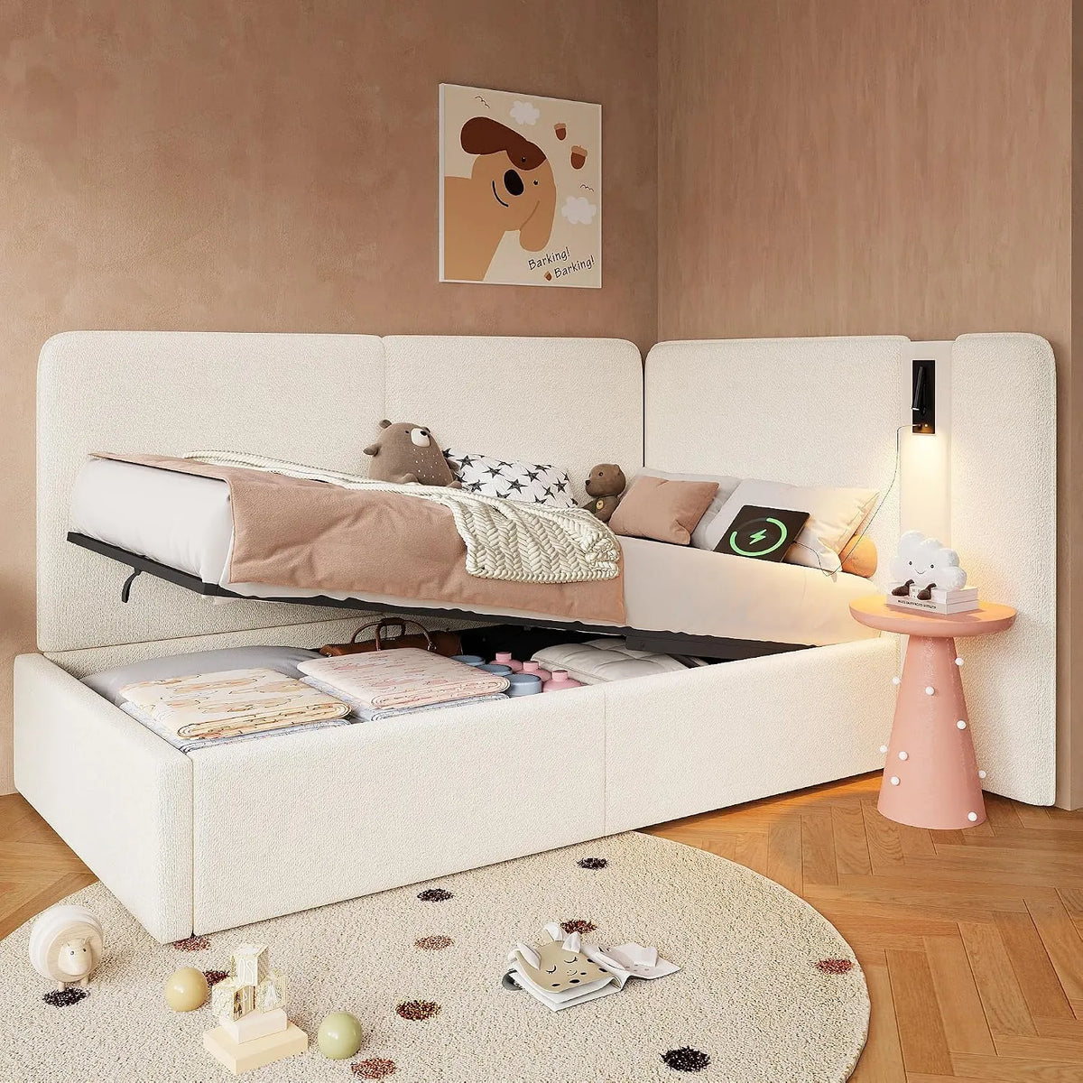 Polsterbett und gepolstertes Bettgestell – mit Stauraum, mit USB-Anschluss, mit Lattenrost, hydraulischer Mechanismus, 90 × 200 cm, beige