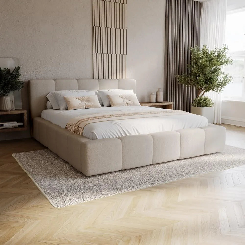 Polsterbett und gepolstertes Bettgestell — mit Stoffbezug, mit Bettkasten, mit Lattenrost, 200 × 200, beige