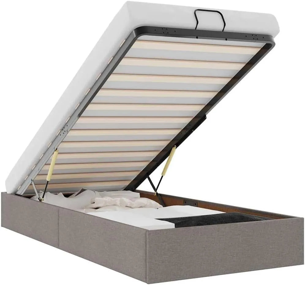 Polsterbett und gepolstertes Bettgestell: mit Stauraum, 90 × 200 cm, beige, mit Stoffbezug