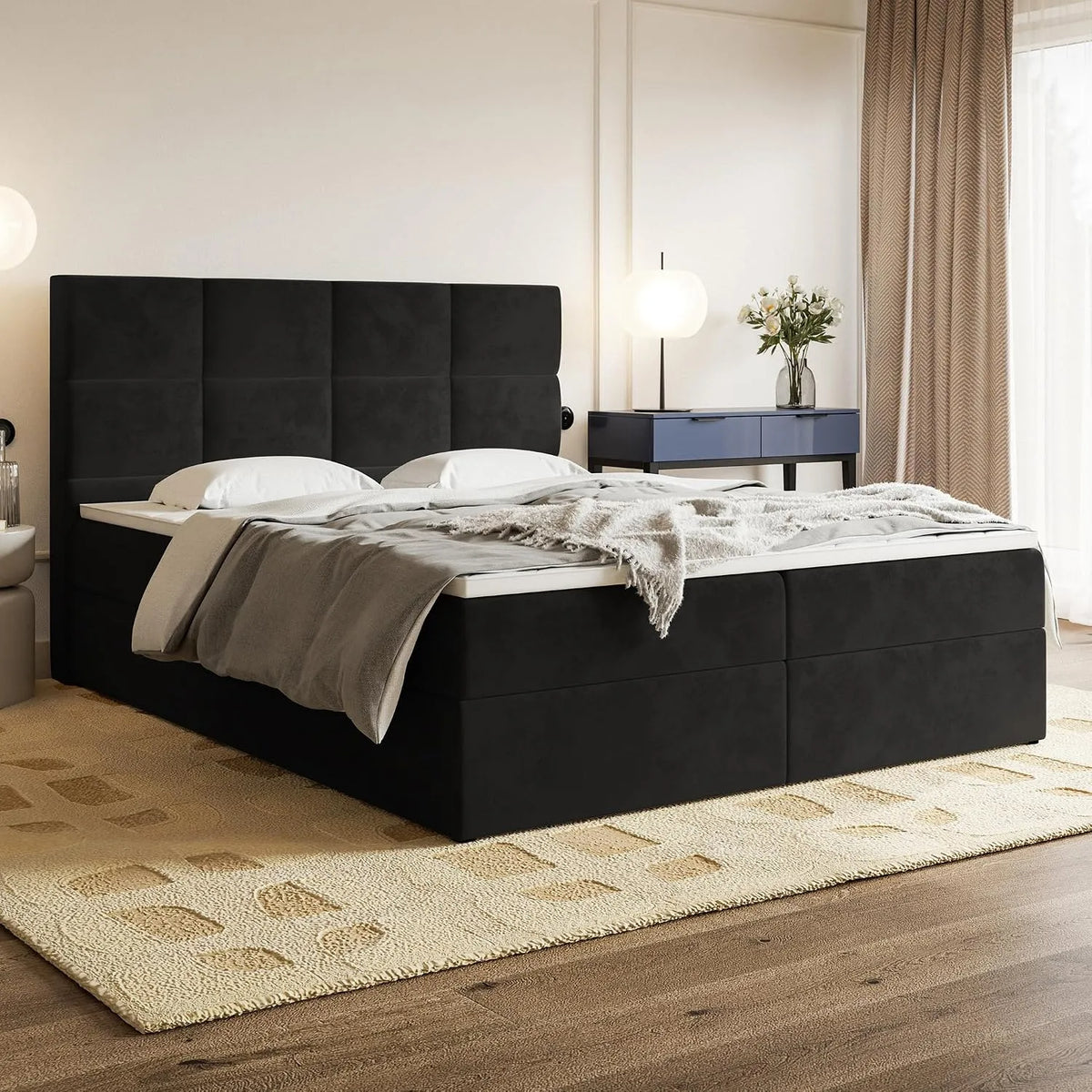 Polsterbett und gepolstertes Bettgestell: T28, Schaumstoffpolsterung, mit Bettkasten, mit Samtbezug, 180 × 180, schwarz, MOTIVENA T28