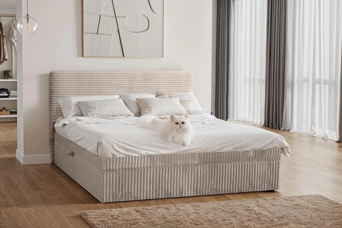 Polsterbett und gepolstertes Bettgestell: mit Cordbezug, mit Stauraum, mit Bettkasten, 160 × 200 cm, beige