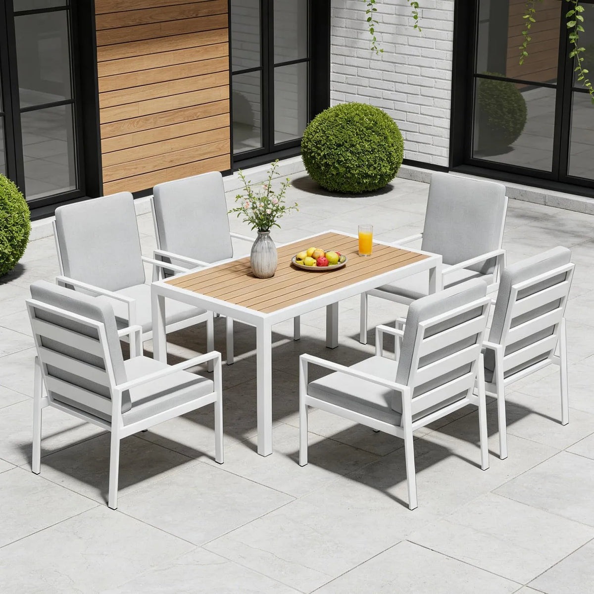 Essgruppe – WPC, aus Metall, mit Kissen, wetterfest, aus Aluminium, 7-teiliges, 140×80 cm