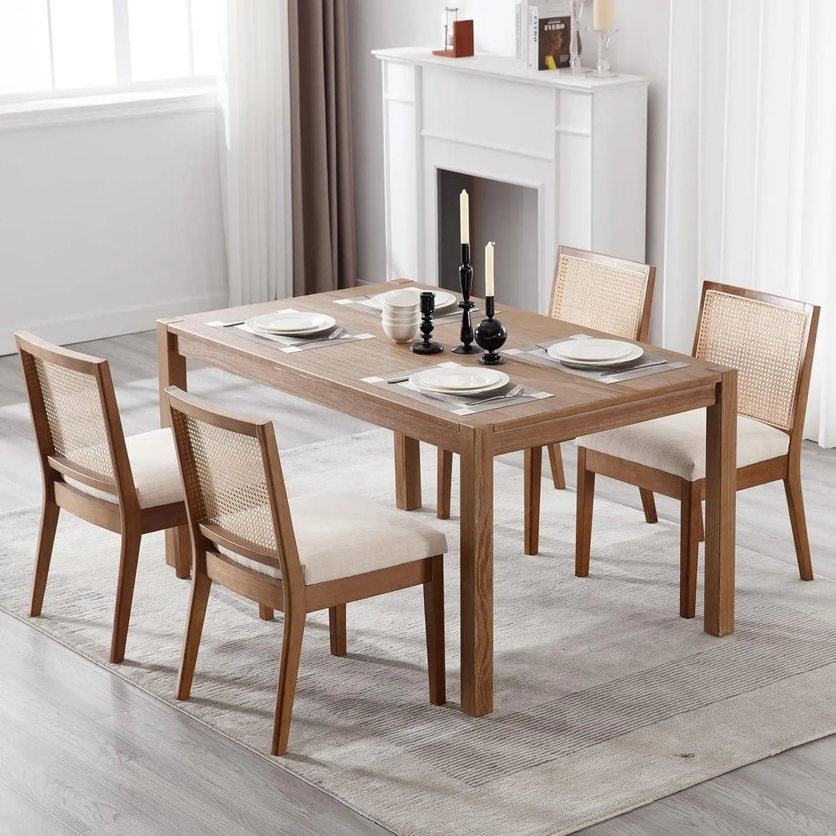 Esszimmerstuhl und Küchenstuhl: mit Rückenlehne, aus Massivholz, aus Polyrattan, im skandinavischen Stil, 4er Set, beige