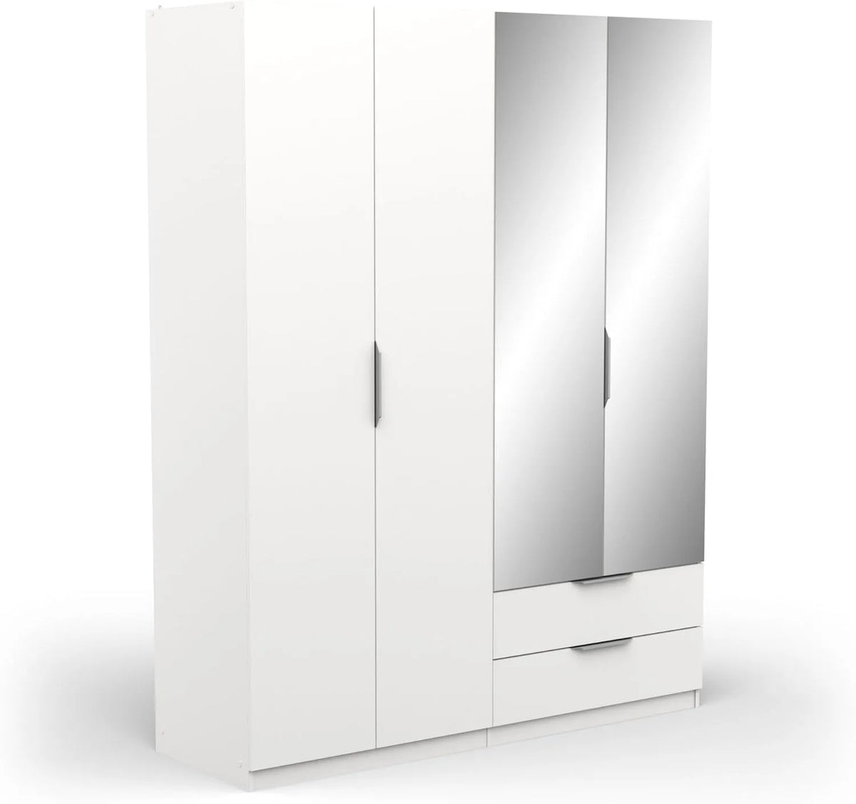 Kleiderschrank und Garderobenschrank: mit Schubladen, mit Einlegeböden, mit Spiegel, 4 Türen, 5 Einlegeböden, 2 Schubladen, 157, 3 × 51, 1 × 203 cm