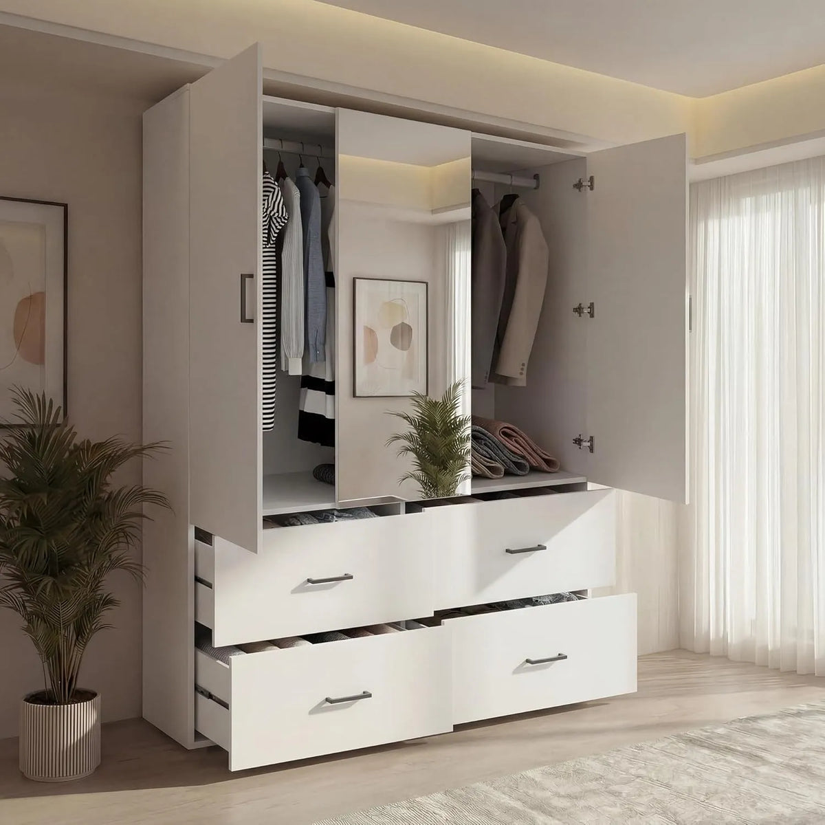 Kleiderschrank und Garderobenschrank – mit Schubladen, mit Spiegel, 2 Türen, 130 × 51, 8 × 181, 5 cm, weiß