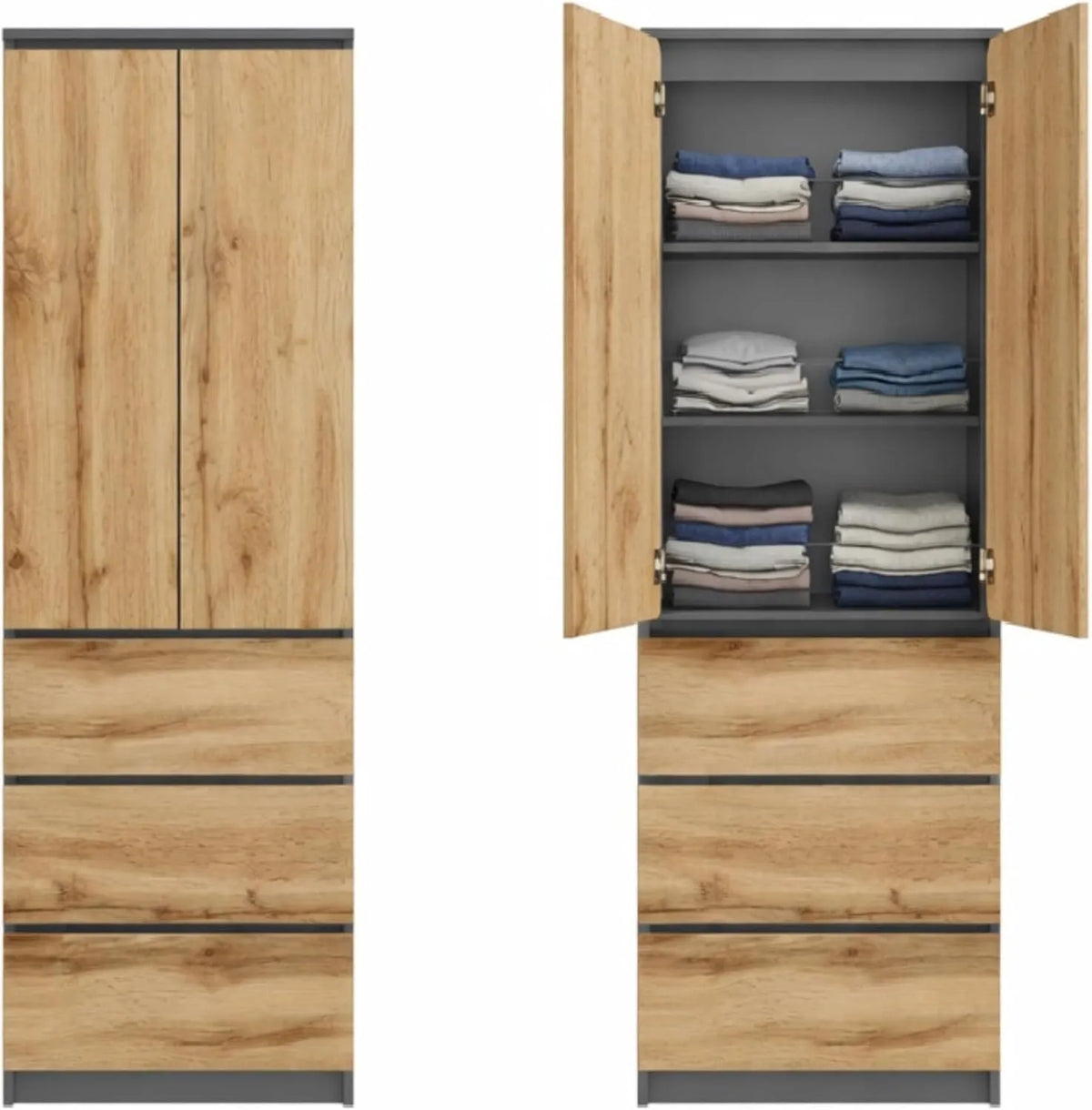Kleiderschrank und Garderobenschrank – mit Schubladen, mit Einlegeböden, 2-türig, 3 Einlegeböden, 3 Schubladen, 50 × 40 × 180 cm, anthrazit