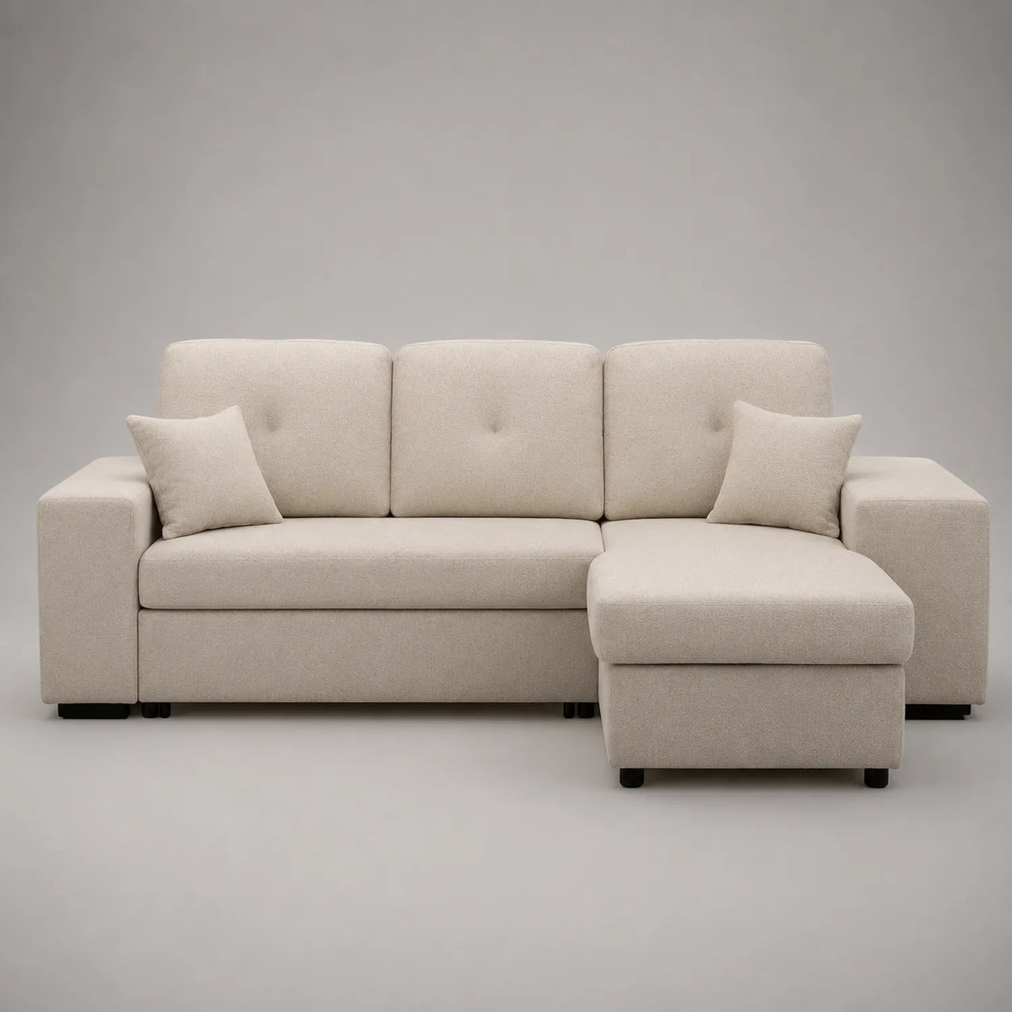 Ecksofa mit Ottomane in Holz und Polyesterstoff, Beige