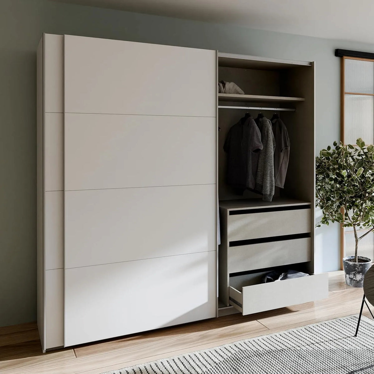 Kleiderschrank und Garderobenschrank: MATT, mit Kleiderstange, mit Einlegeböden, 2-türig, 220, 1 cm, 210, 5 cm, 61, 2 cm, mit Stoffbezug
