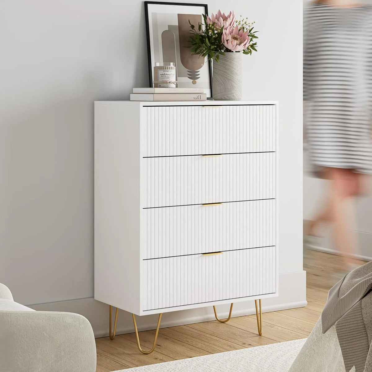 Sideboard und Anrichte: aus Holz, mit Schubladen, 4 Schubladen, 34 × 60 × 91cm, weiß