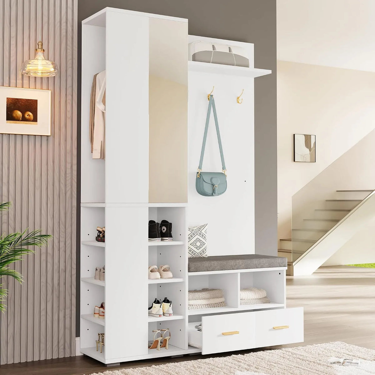 Garderobenschrank – kompakte Bauweise, mit Schubladen, mit Kleiderstange, mit Spiegel, 190 cm, weiß