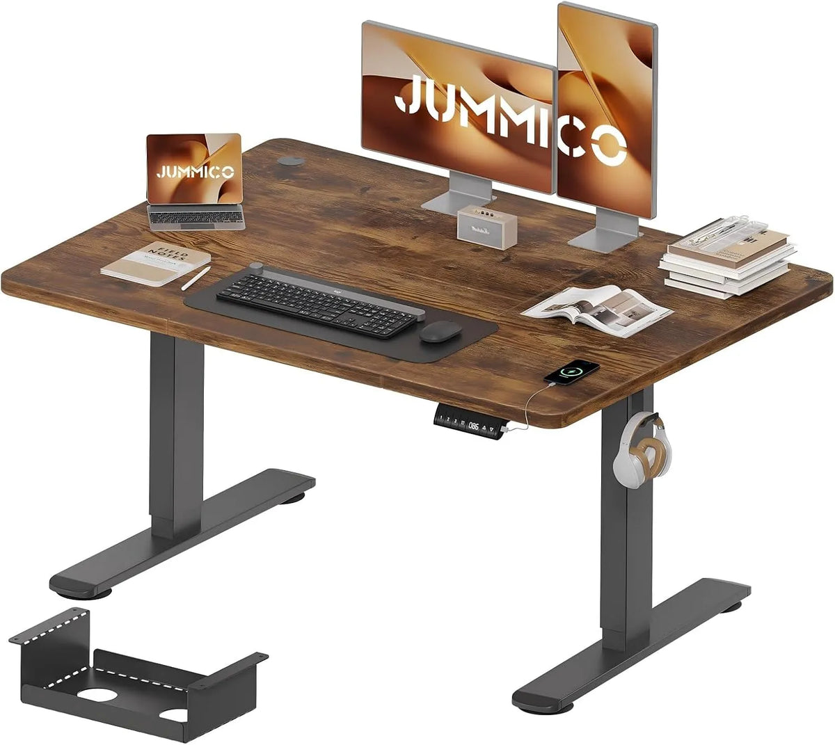 Schreibtisch und Computertisch – höhenverstellbar, mit USB-Anschluss, 120 × 70 cm, braun