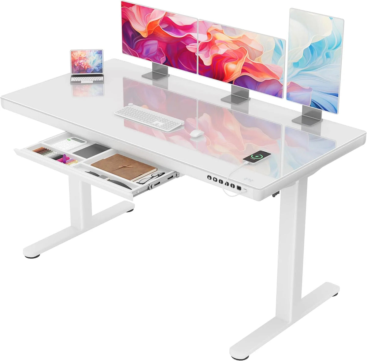 Schreibtisch und Computertisch – mit Schubladen, höhenverstellbar, 140 × 70 cm, weiß