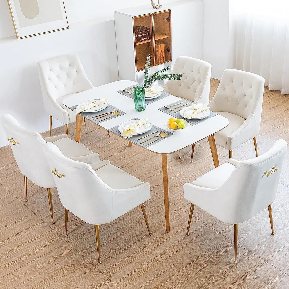 Esszimmerstuhl und Küchenstuhl – mit Samtbezug, mit Metallbeinen, 6er Set, 13 cm, beige