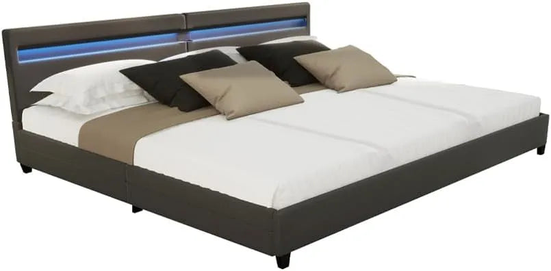 Polsterbett und gepolstertes Bettgestell – NUBE, mit Schubladen, mit Lattenrost, LED-Anzeige, 270 × 200 cm, grau