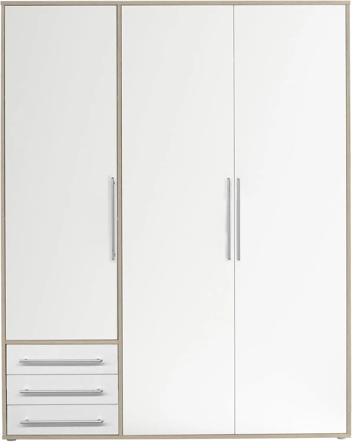 Kleiderschrank und Garderobenschrank – LYSS, mit Schubladen, 3-türig, 155 × 194 × 58 cm, weiß