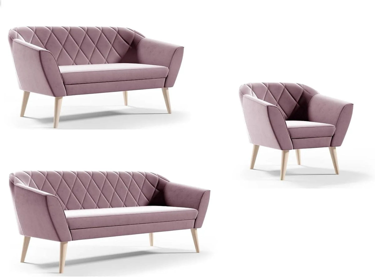 Couchgarnitur Gloria Wohnzimmerset 3+2+1 Sitzer Samt Hohe Holzfüße Buche Riviera — mit Samtbezug, rosa