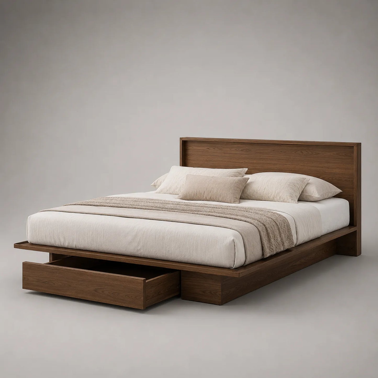Walnussholzbett mit Stauraum und Schublade 200x160 cm