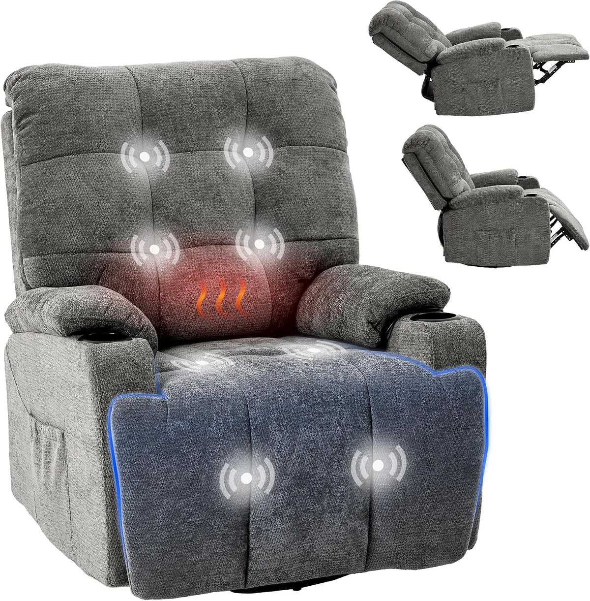 Relaxsessel und Fernsehsessel — XR7, drehbar, mit USB-Anschluss, verstellbar, 200 kg, grau, FLEXISPOT XR7, mit Massagefunktion
