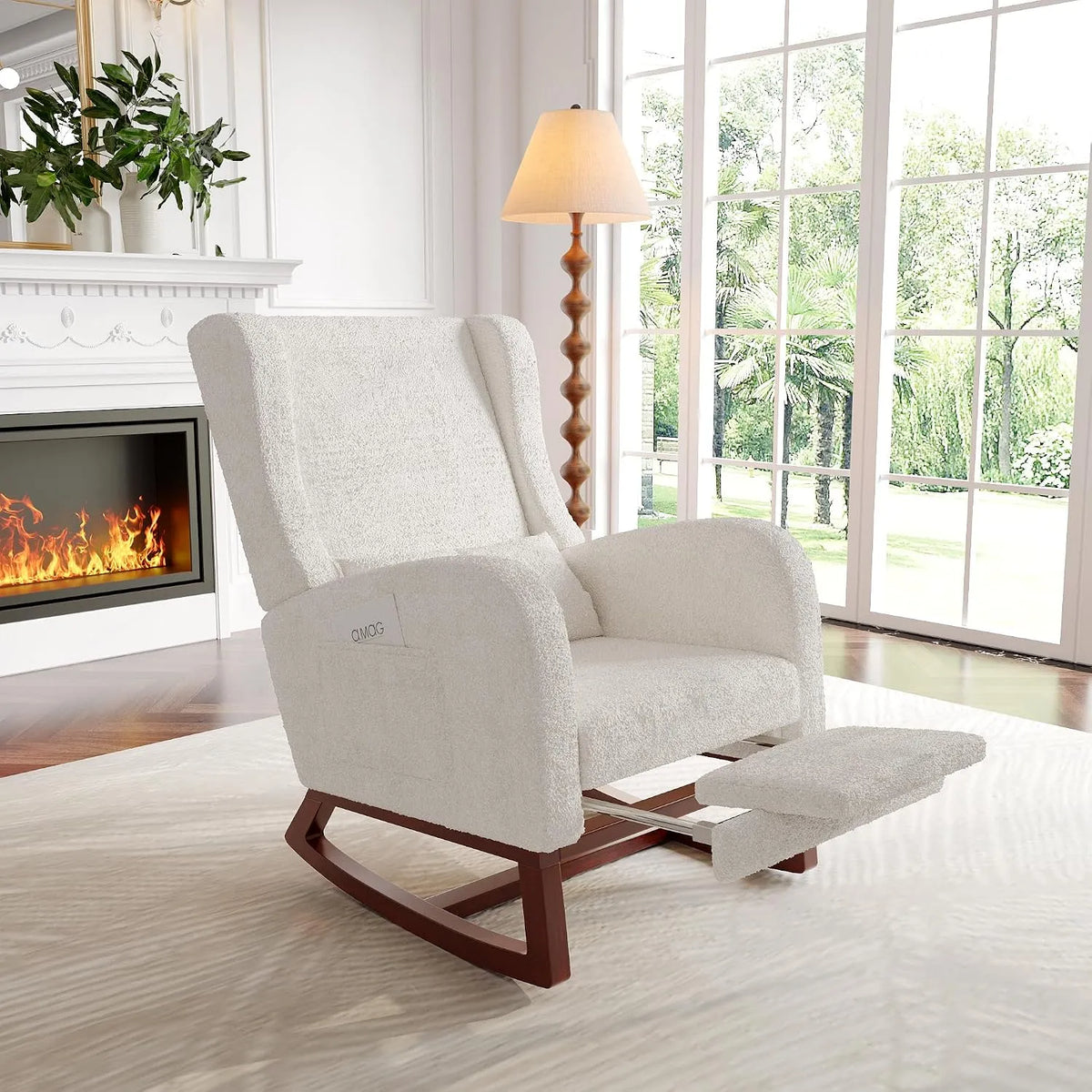 Schaukelstuhl — aus Holz, mit Metallbeinen, im skandinavischen Stil, mit Schaukelfunktion, beige, mit Stoffbezug