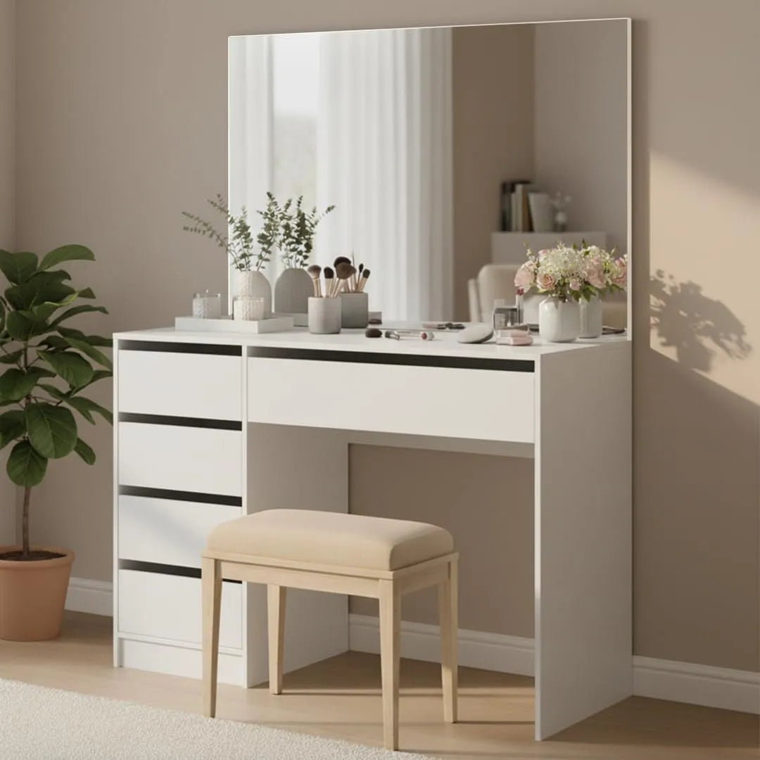 Schminktisch und Frisiertisch – mit Schubladen, mit Spiegel, 5 Schubladen, 110 × 70 cm, 110 × 77 × 53 cm, weiß