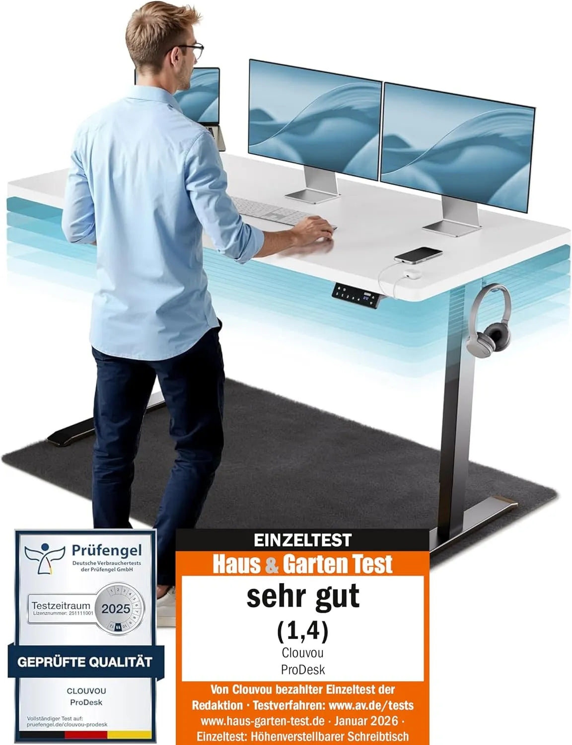 Schreibtisch und Computertisch: TESTSIEGER, höhenverstellbar, mit USB-Anschluss, 160 × 80cm