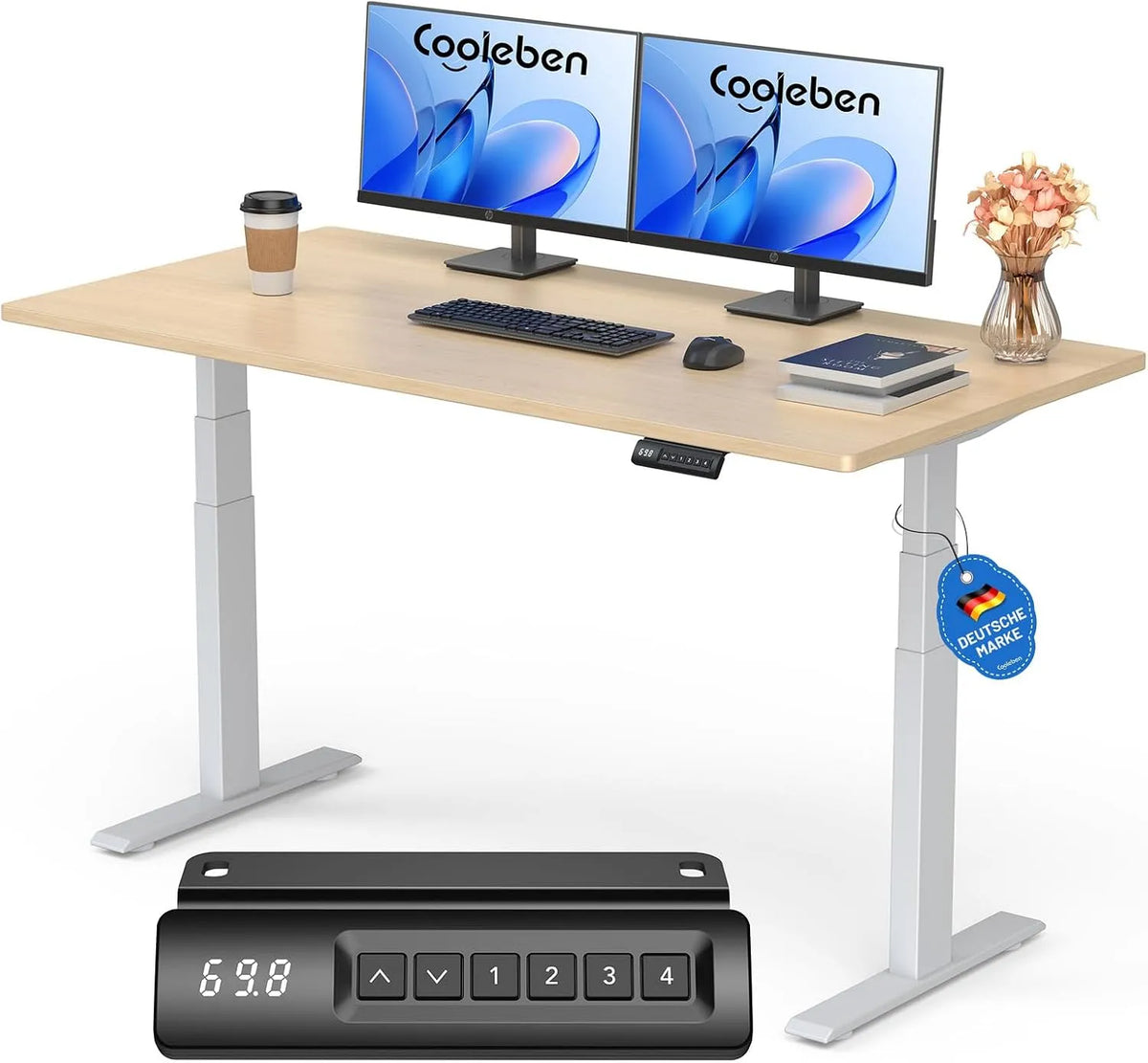 Tischplatte: EINTEILIGER, höhenverstellbar, LED-Anzeige, 160×80cm, 160 × 80cm, 25mm, weiß