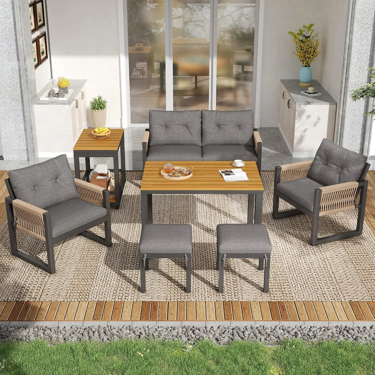 Gartensofa und Outdoor-Loungesofa – mit Armlehnen, mit Kissen, wetterfest, grau