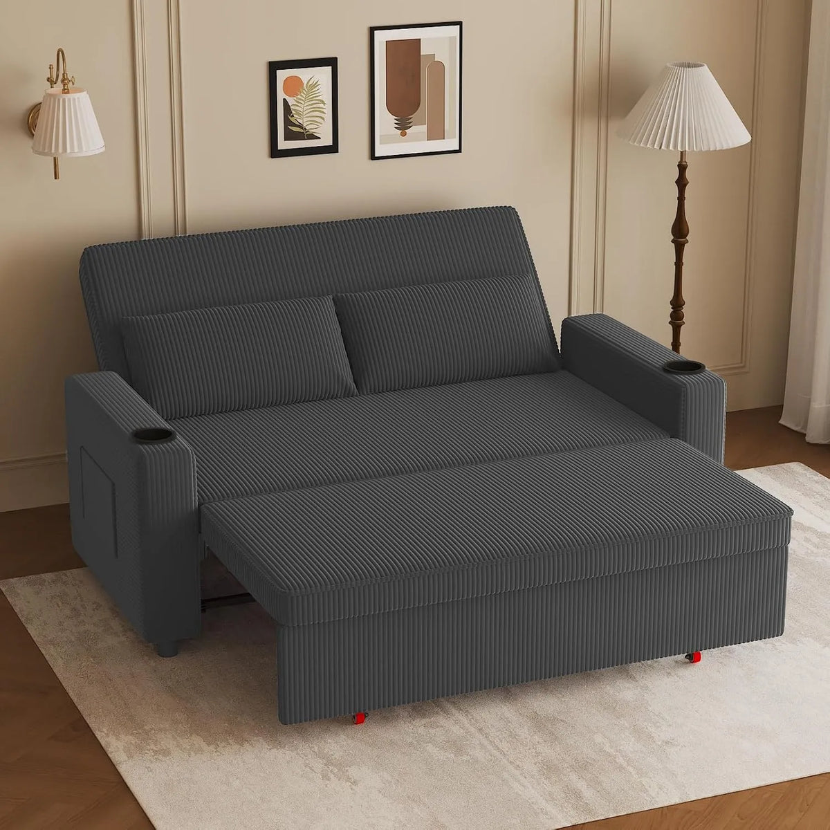 Schlafsofa und Sofabett – Für Wohnzimmer, mit Cordbezug, mit Schlaffunktion, ausziehbar, mit Kissen, 2 Sitzer, 75 × 160 × 93 cm, 2-Sitzer