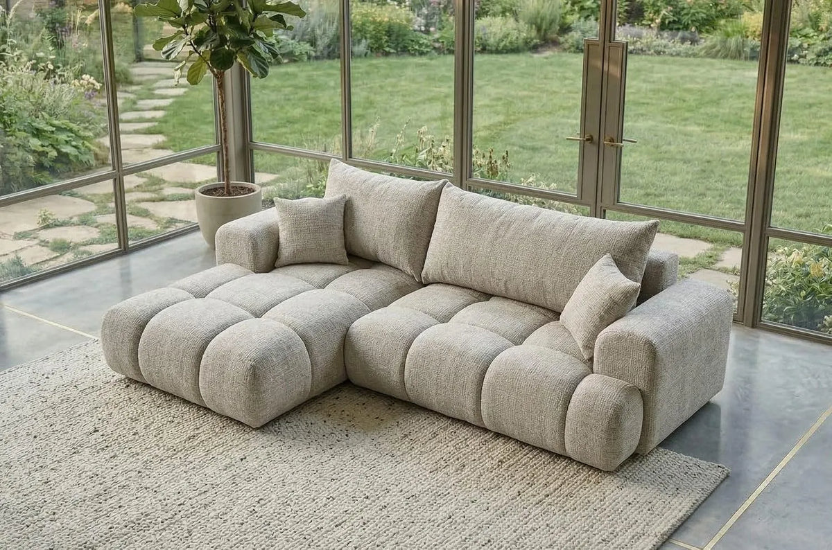 Sofa: L-Form, linke Ausrichtung, mit Cordbezug, mit Bettkasten, beige, mit Schlaffunktion
