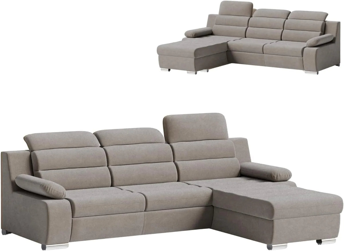 Ecksofa und Wohnlandschaft — Freistehende Eckcouch, L-Form, rechte Ausrichtung, mit Relaxfunktion, grau, mit Schlaffunktion, mit Stauraum