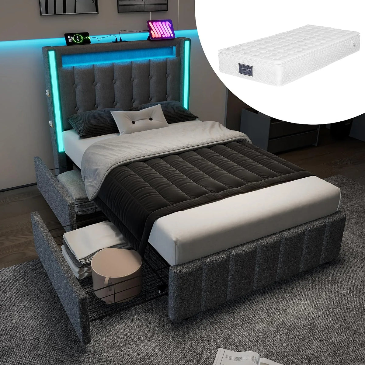 Polsterbett und gepolstertes Bettgestell: aus Holz, mit Stauraum, mit Schubladen, mit Rückenlehne, 2 Schubladen, 90 × 200, grau, mit LED-Beleuchtung