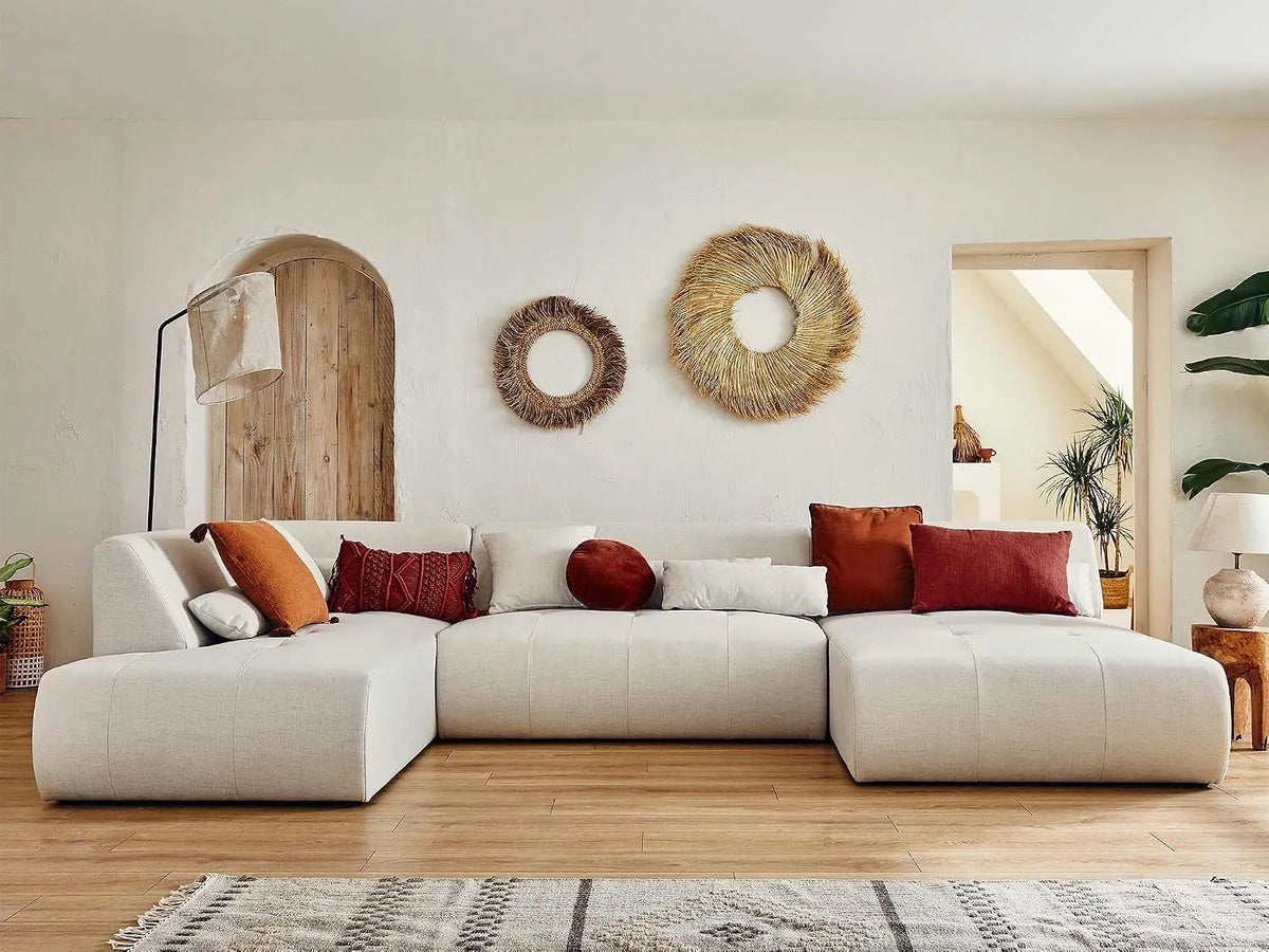 Ecksofa und Wohnlandschaft – linke Ausrichtung, 7-Sitzer, beige, mit Stoffbezug