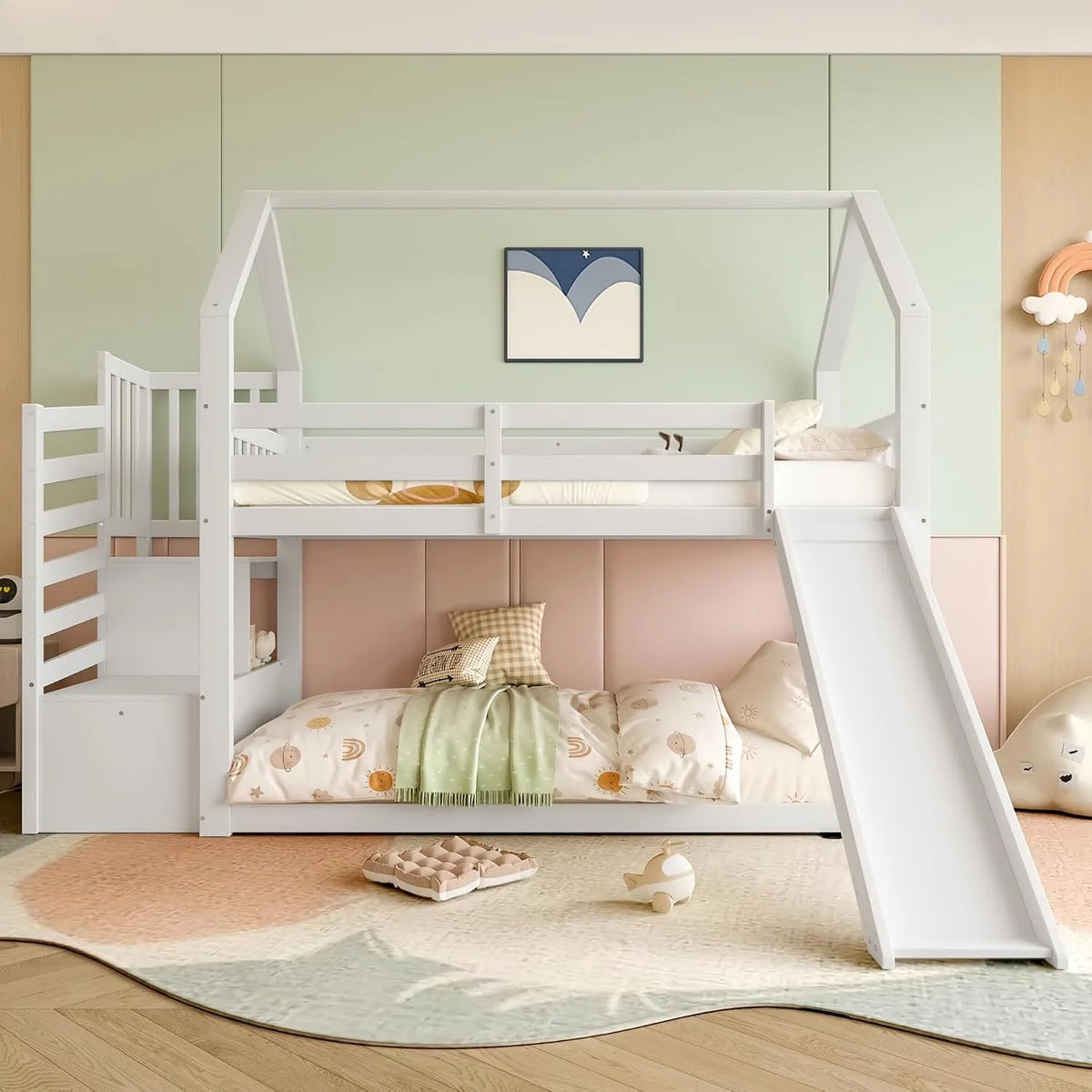 Kinderbett – für Kinder, mit Stauraum, mit Treppe, mit Rutsche, 90 × 200 cm, weiß