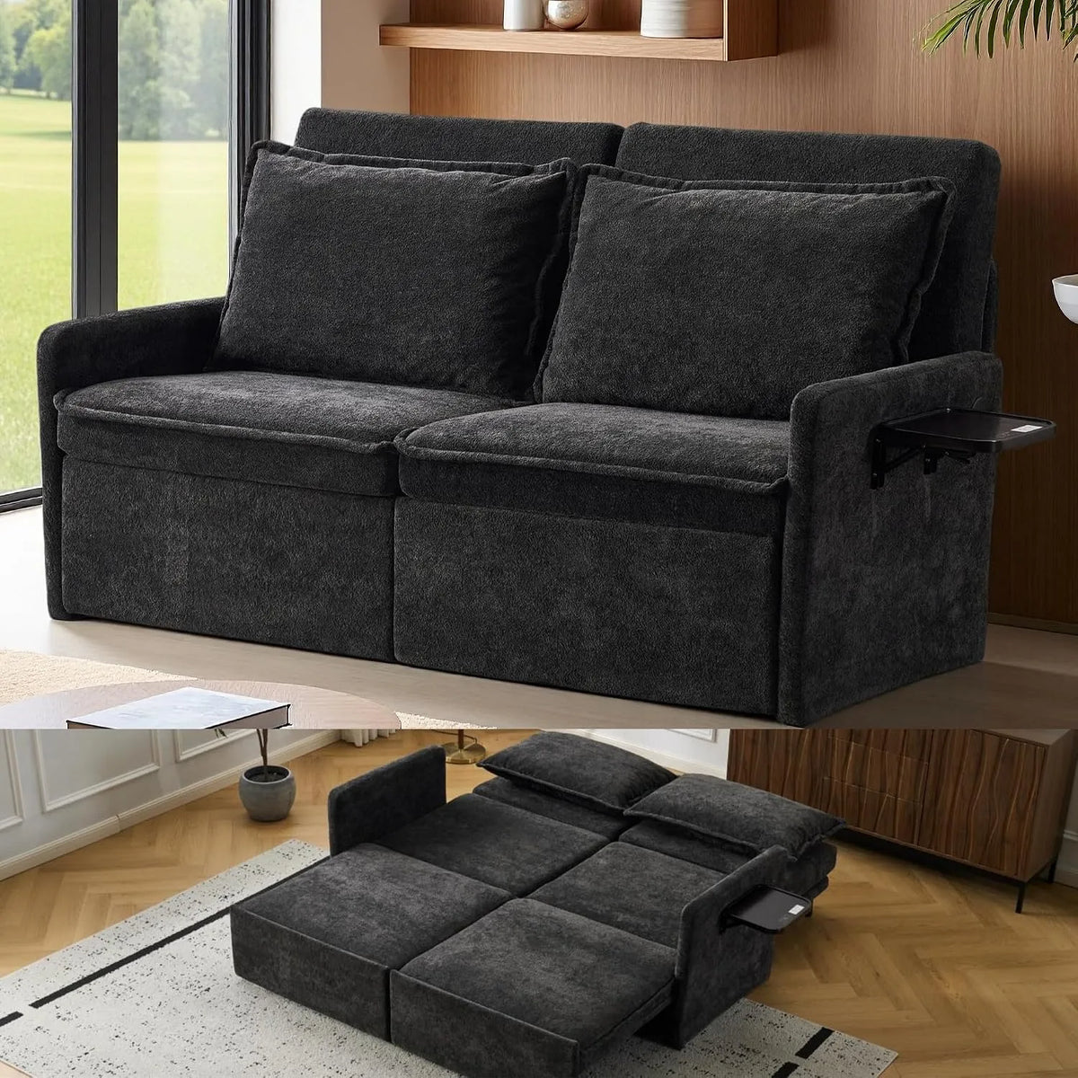 Bettgestell und Bettrahmen — mit Chenille-Bezug, mit Stauraum, mit Schlaffunktion, mit Rückenlehne, 201 × 175cm, schwarz, klappbar, verstellbar