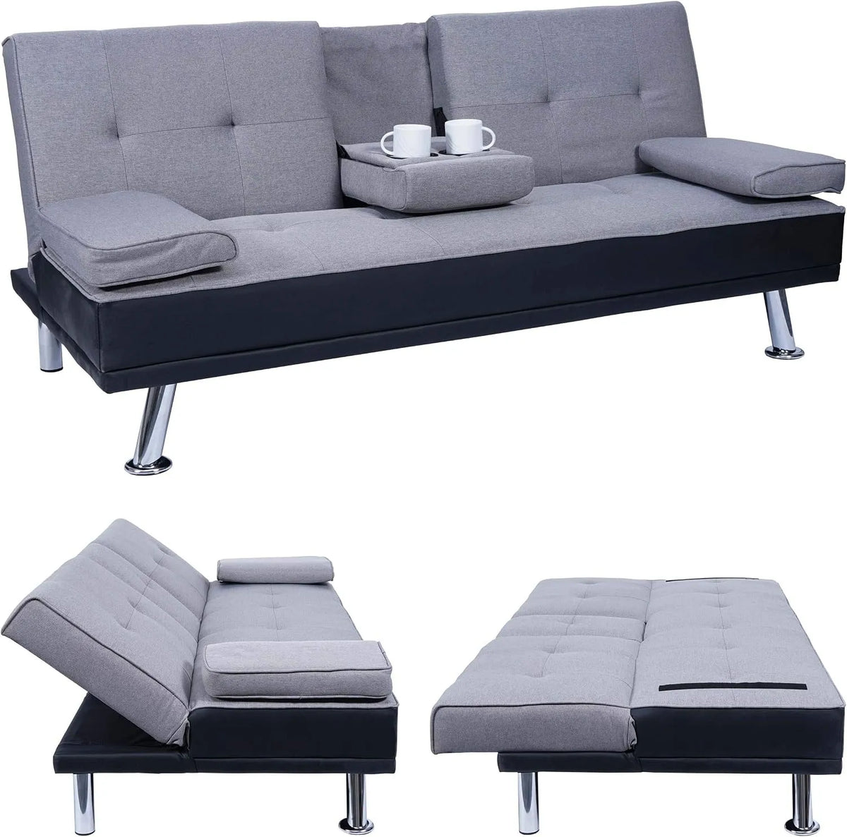 Schlafsofa und Sofabett — HWC-F60, Gästebett, aus PU-Leder, verstellbar, 97 × 166cm, grau