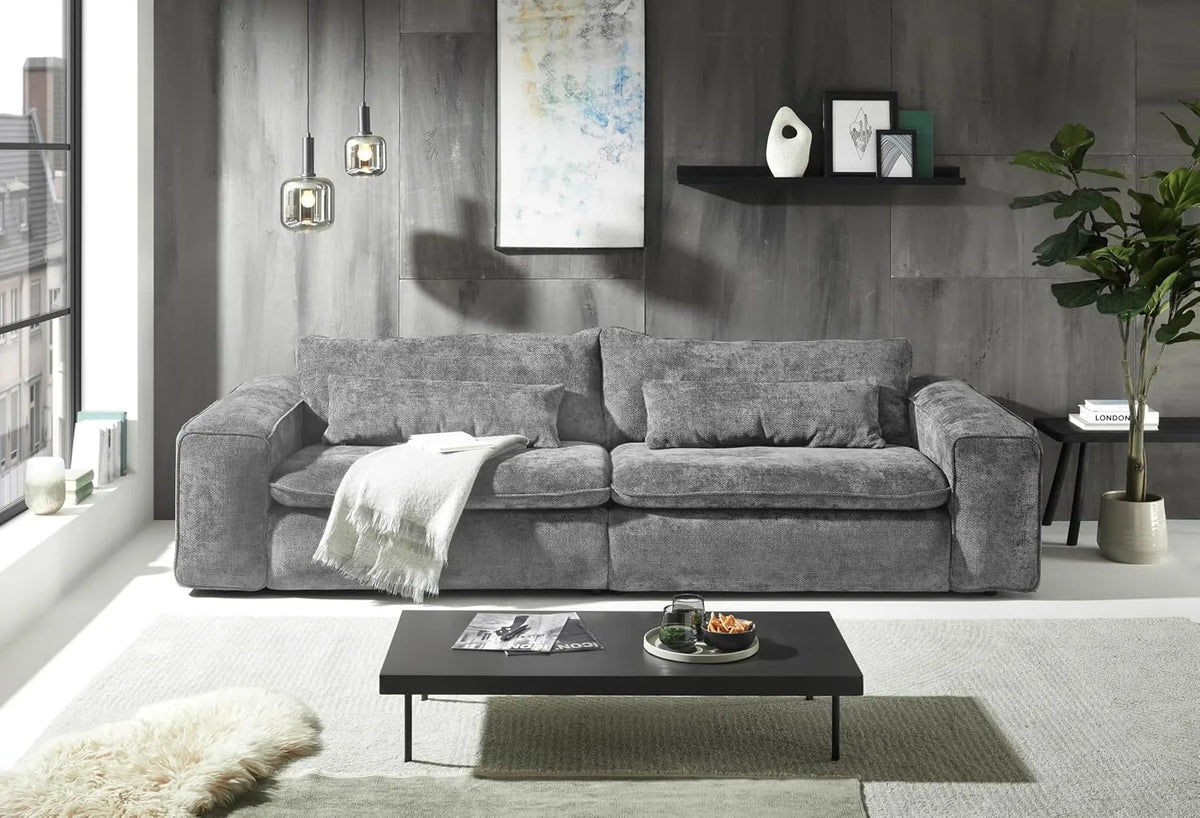 Sofa — Vince, tiefe Sitzfläche, mit Stoffbezug, mit Kissen, 300 cm, grau