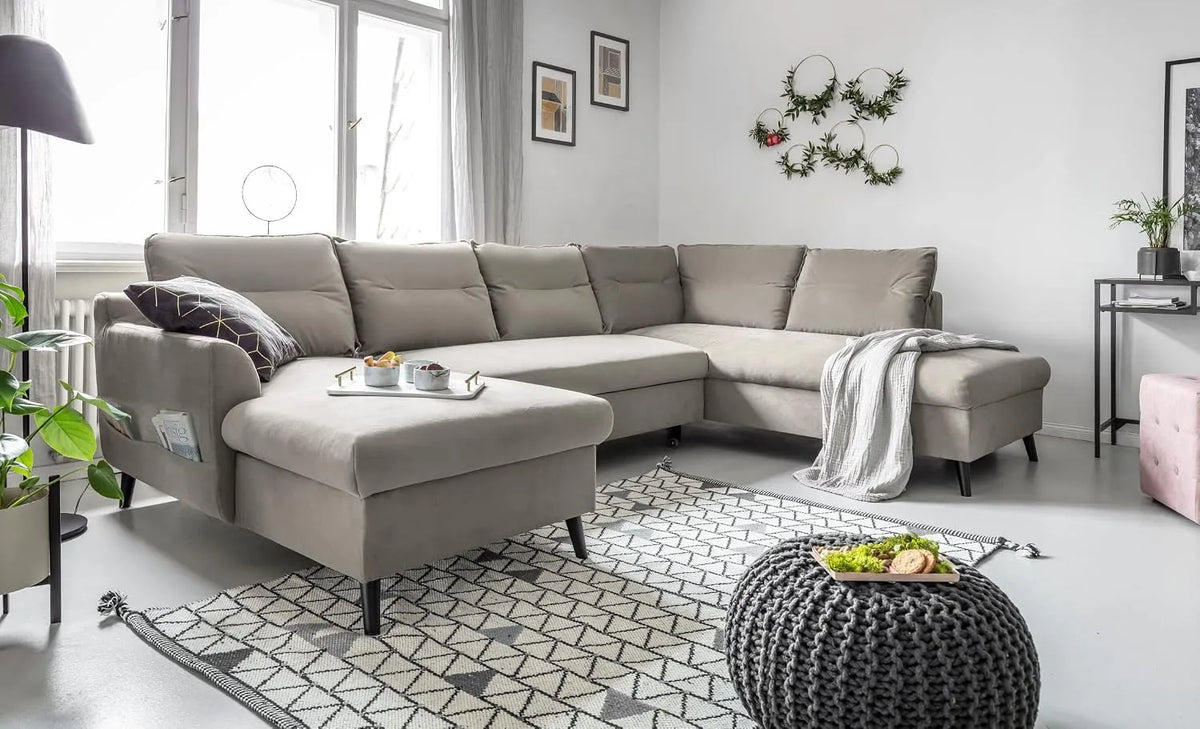 Ecksofa und Wohnlandschaft — U-Form, rechte Ausrichtung, mit Bettkasten, mit Schlaffunktion, beige, mit Samtbezug, mit Stoffbezug