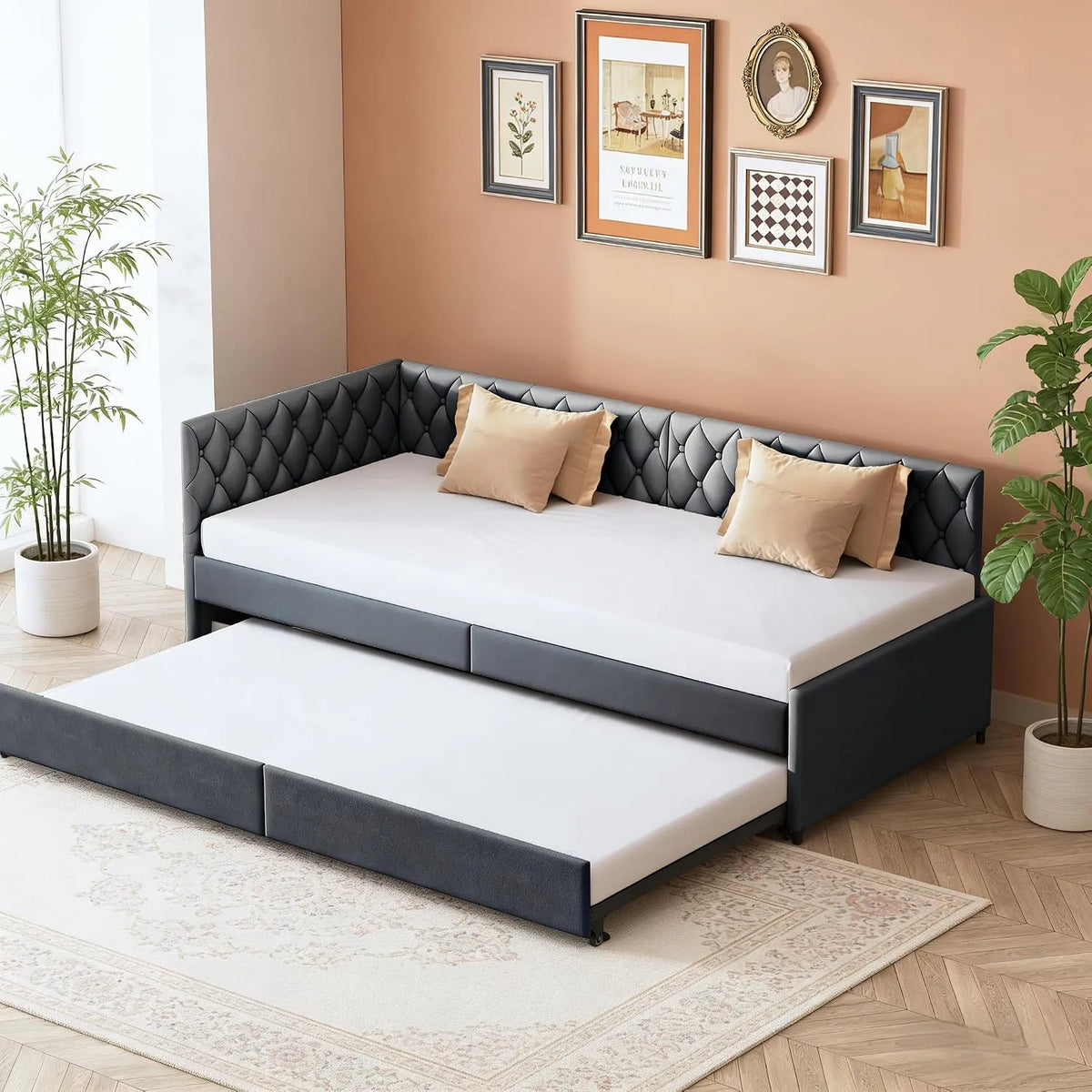 Tagesbett und Gästebett – ausziehbar, mit Lattenrost, 90 × 200 cm, grau