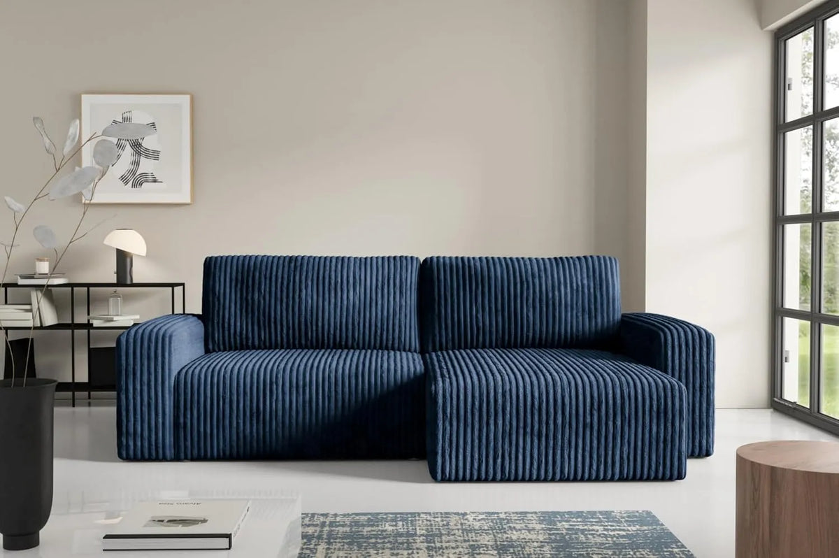Ecksofa und Wohnlandschaft – mit Cordbezug, mit Bettkasten, mit Schlaffunktion, 204 × 132 cm, blau