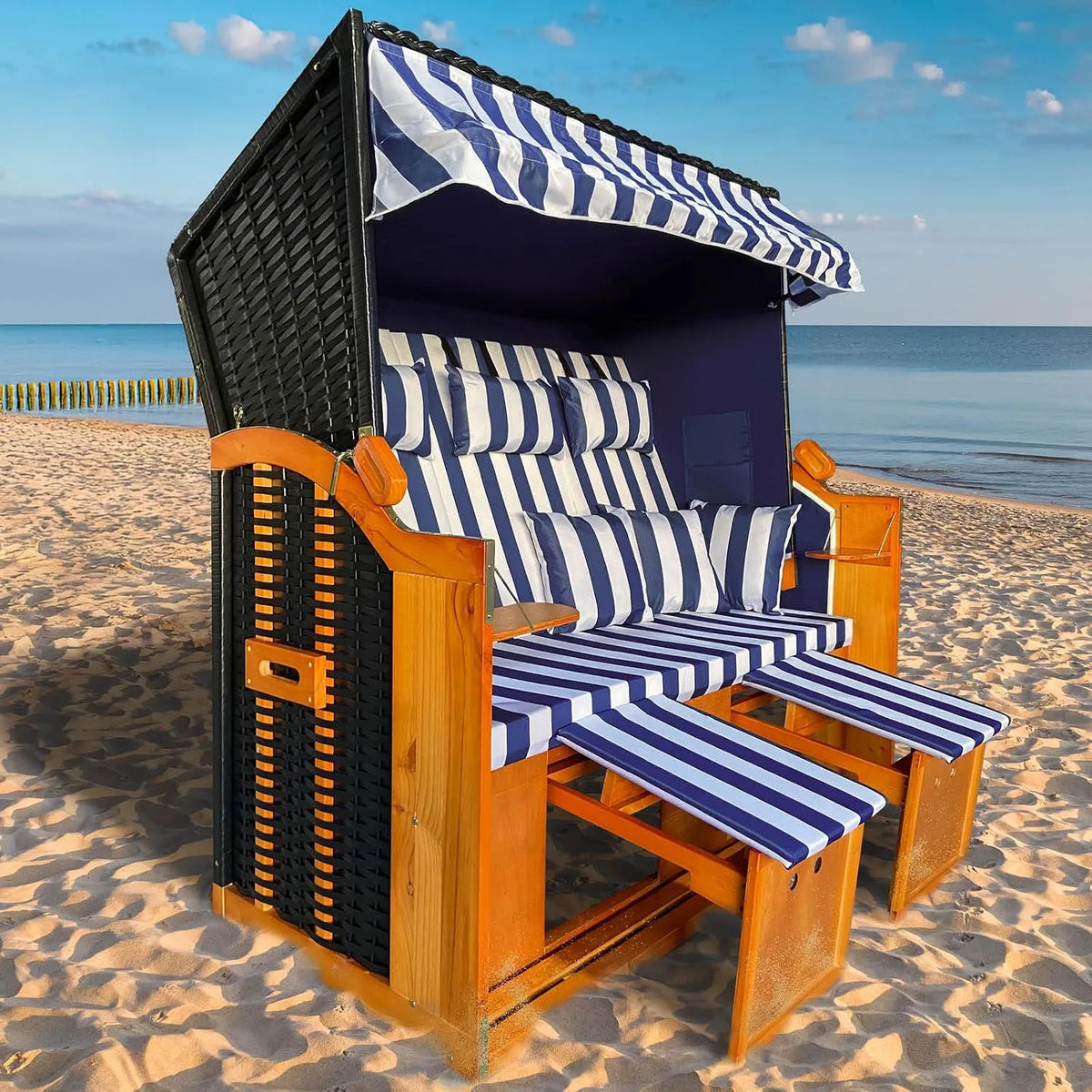 Strandkorb – gemustert, mit Rückenlehne, verstellbar, 3-Sitzer, 155cm, 500kg, weiß