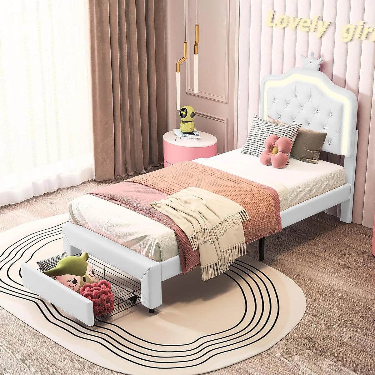 Polsterbett und gepolstertes Bettgestell: für Kinder, mit Stauraum, mit Schubladen, mit Lattenrost, 90 × 200, rosa, verstellbar, mit LED-Beleuchtung