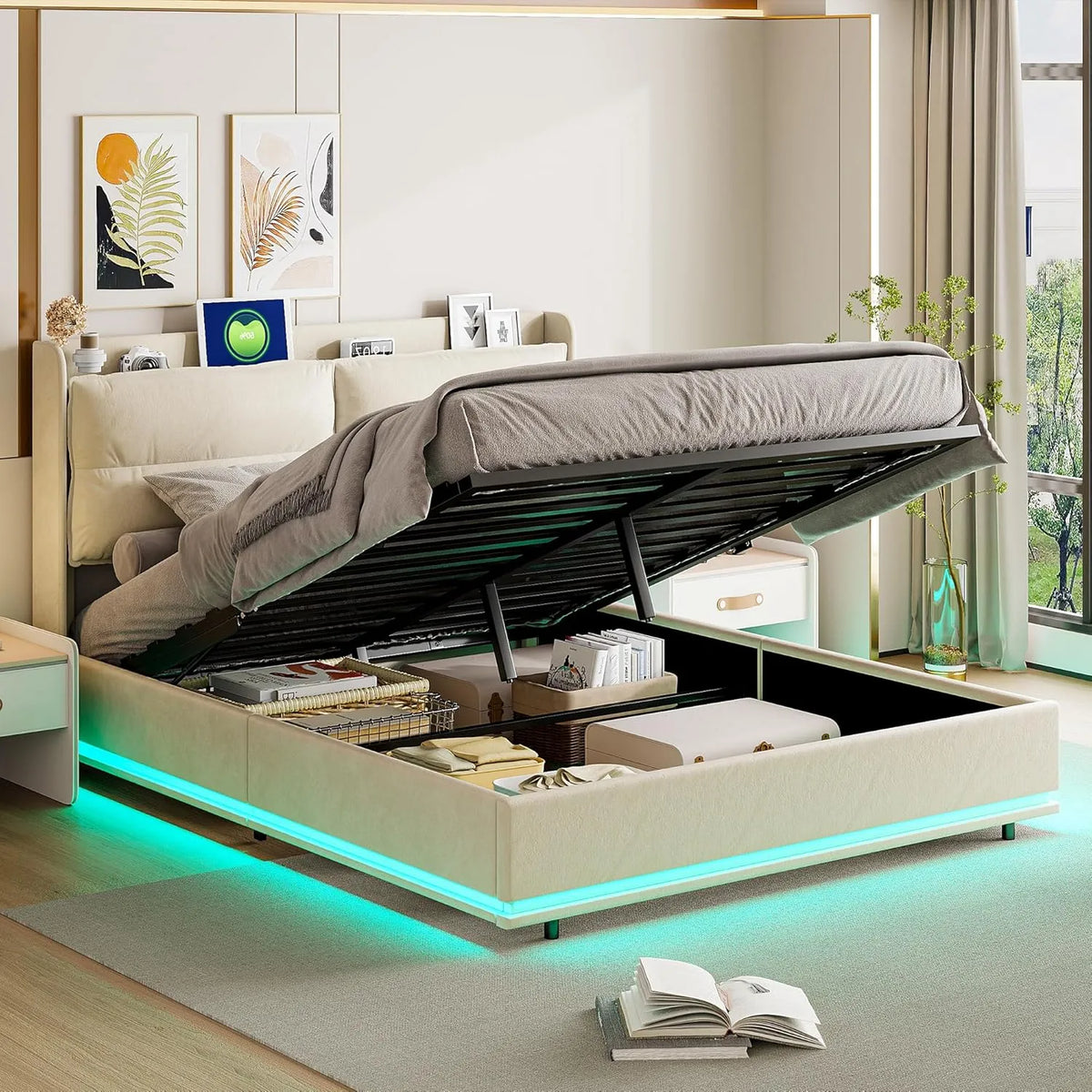 Polsterbett und gepolstertes Bettgestell: mit Stauraum, mit USB-Anschluss, mit Samtbezug, mit Lattenrost, 140×200, mit LED-Beleuchtung