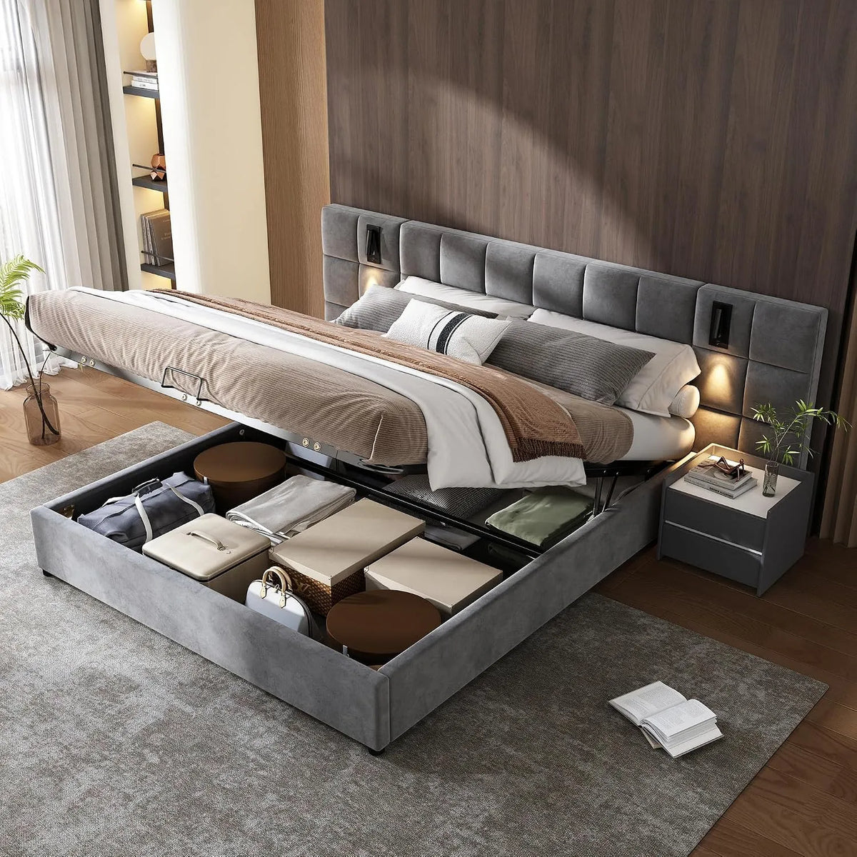 Polsterbett und gepolstertes Bettgestell – mit Stauraum, mit Rückenlehne, mit USB-Anschluss, mit Samtbezug, 180 × 200 cm, grau