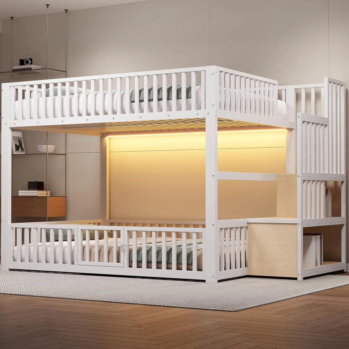 Kinderbett – mit Stauraum, mit Treppe, mit Leiter, LED-Anzeige, 90 × 200 cm, 140 × 200 cm, weiß
