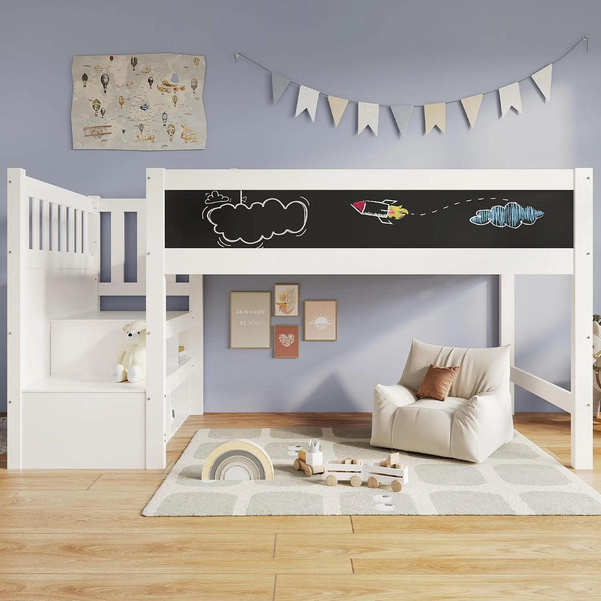 Kinderbett – für Kinder, mit Stauraum, mit Treppe, mit Rausfallschutz, 90 × 200 cm, 253 × 97 × 112cm, weiß
