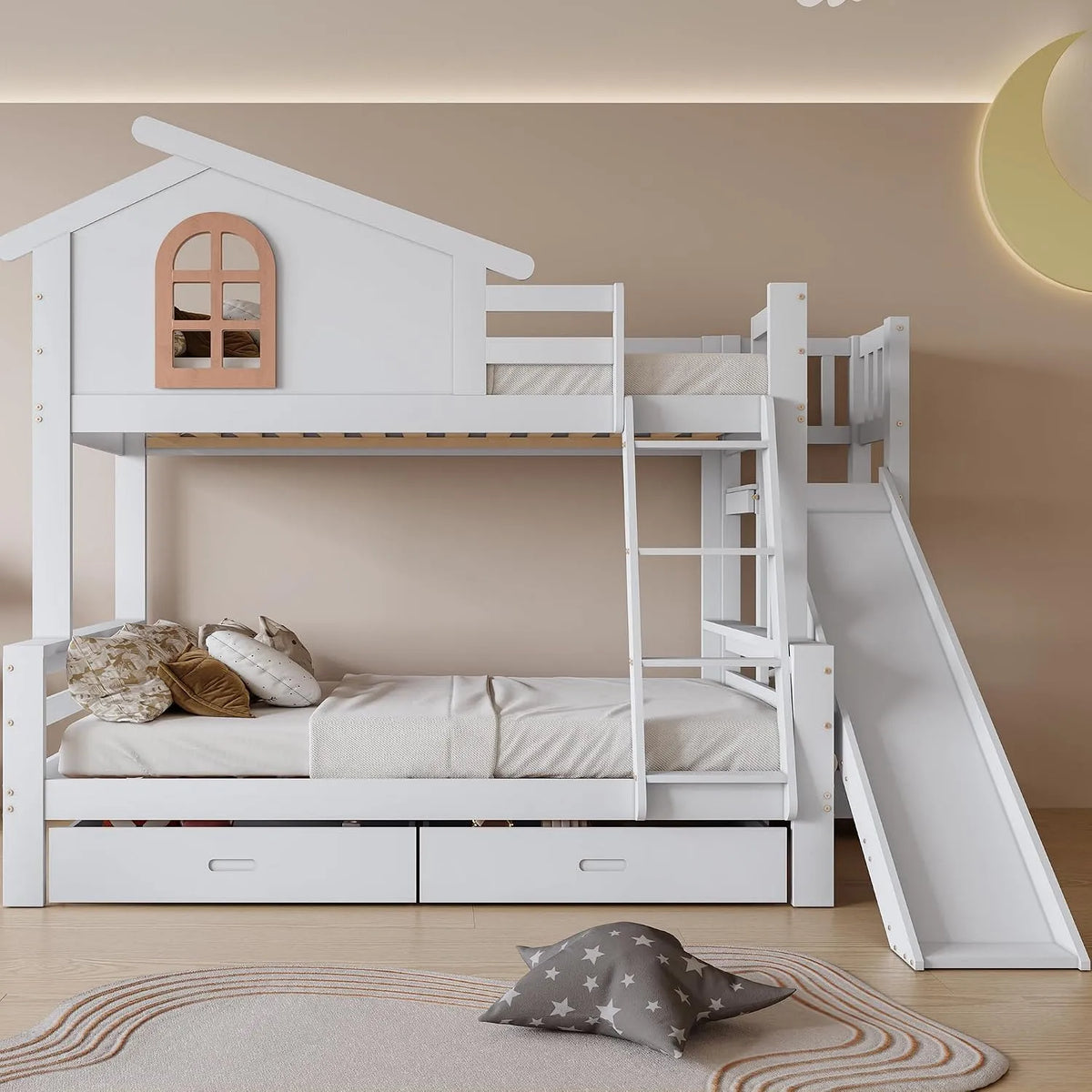 Etagenbett und Hochbett — für Kinder, mit Schubladen, mit Treppe, mit Rutsche, 90 × 200, 120 × 200cm, weiß, aus Massivholz