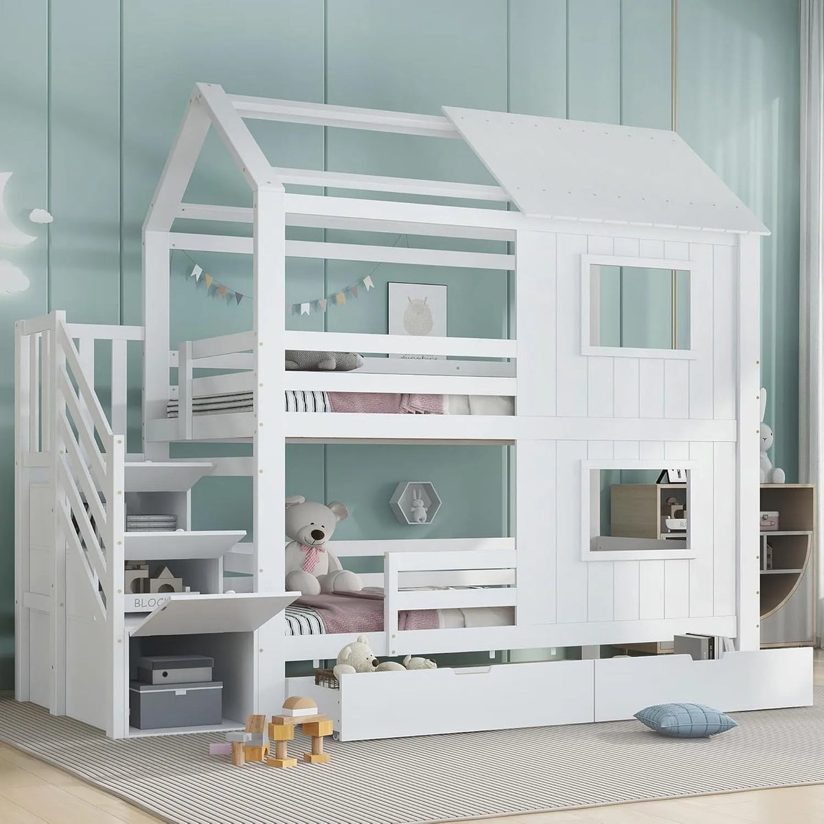 Kinderbett – MDF, mit Stauraum, mit Schubladen, mit Treppe, mit Lattenrost, 90 × 200 cm, weiß, klappbar, mit Rollen