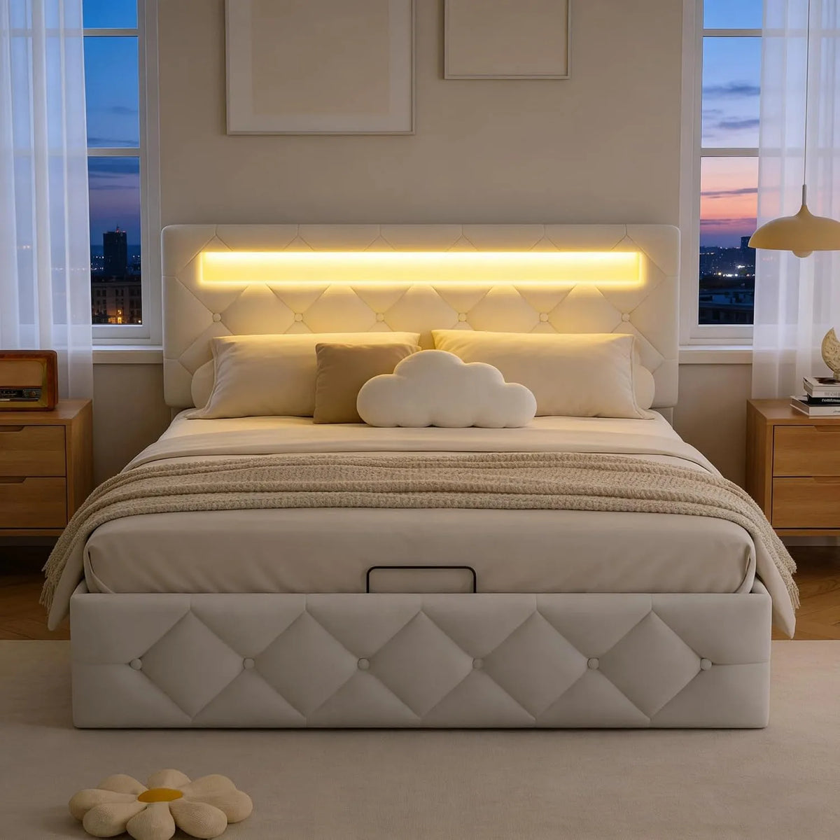 Polsterbett und gepolstertes Bettgestell – mit Stauraum, mit Samtbezug, mit Lattenrost, LED-Anzeige, 140 × 200, 140 × 200 cm, beige